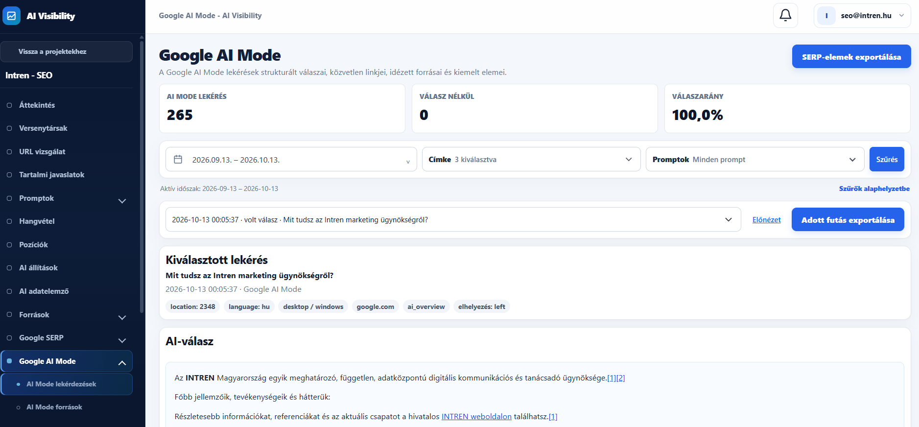 Google AI Mode admin view with 265 retrievals, zero unanswered retrievals, 100% response rate, filters, run selector and structured AI answer.
